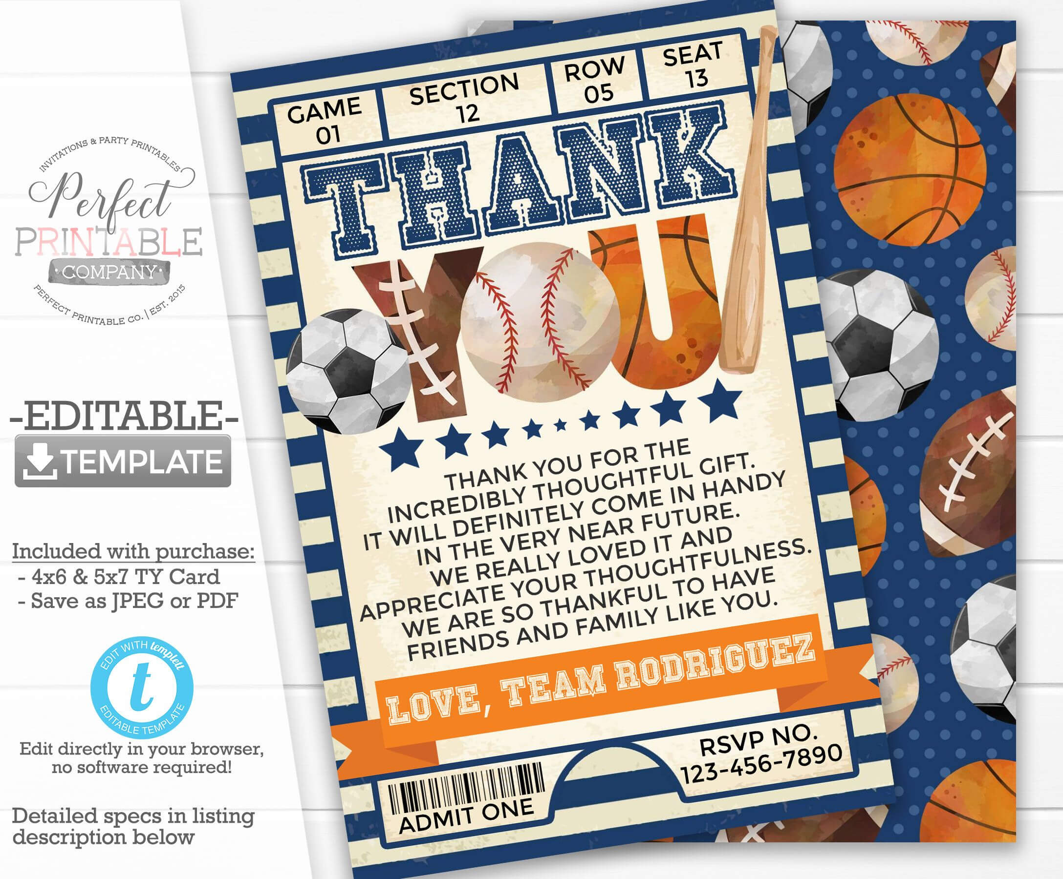 Sports Thank You Card, Sports Thank You Note, Birthday Party Inside Soccer Thank You Card Template