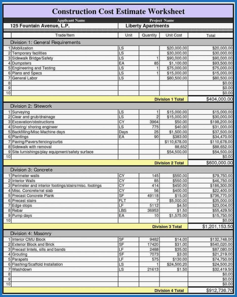 Spreadsheet Construction Divisions Estimate Template Excel Throughout Job Cost Report Template Excel