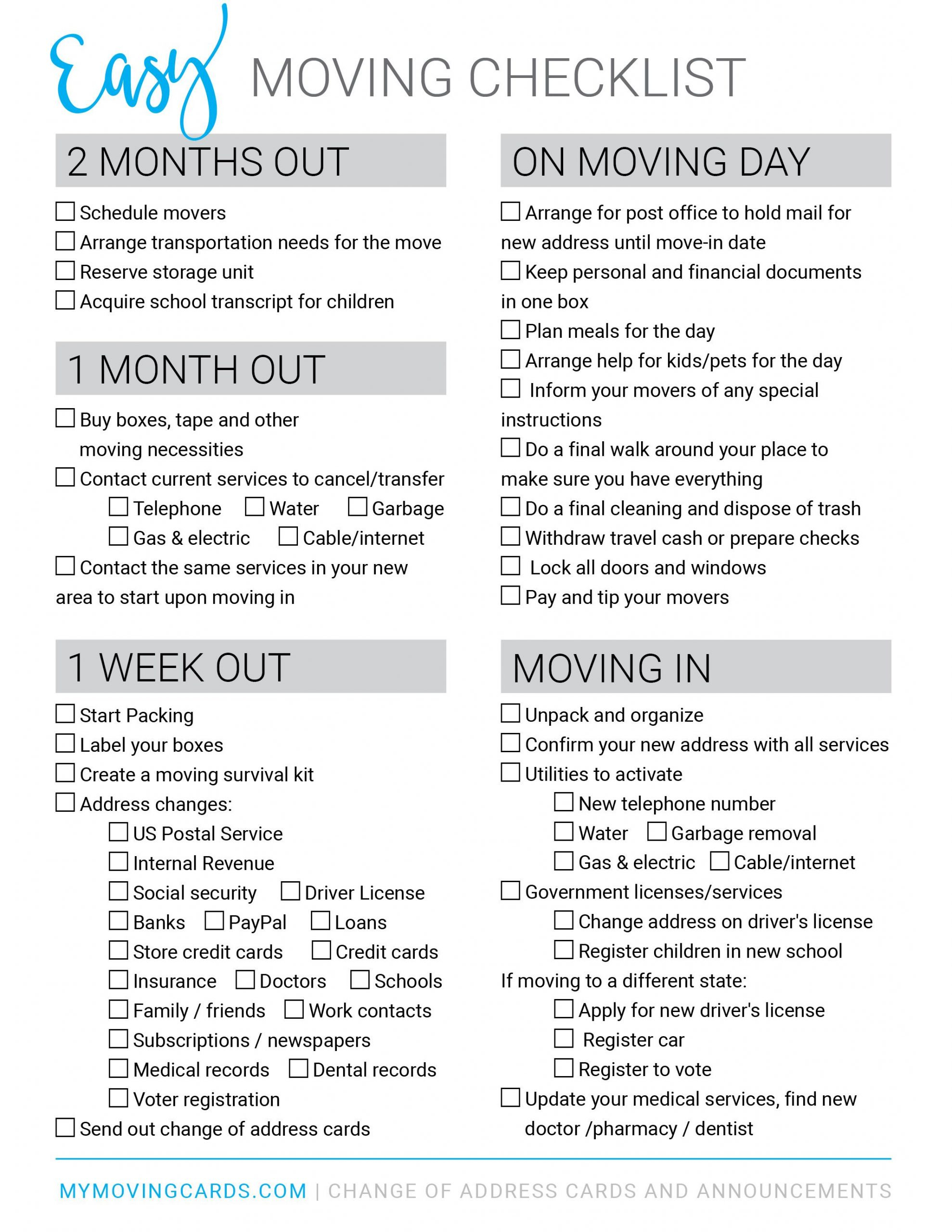Spreadsheet Moving House Checklist Free Printable Download With Free Moving House Cards Templates