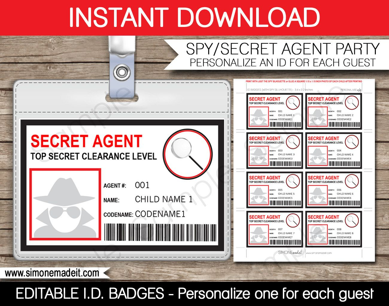 Spy Birthday Party Badge - Secret Agent Badge - Printable Id With Regard To Spy Id Card Template