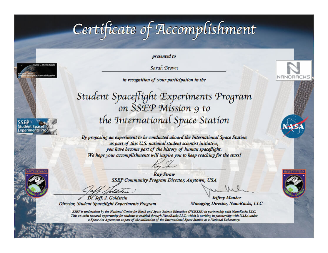 Ssep Mission 9 To Iss Student Certificates Of Accomplishment Pertaining To Conference Participation Certificate Template