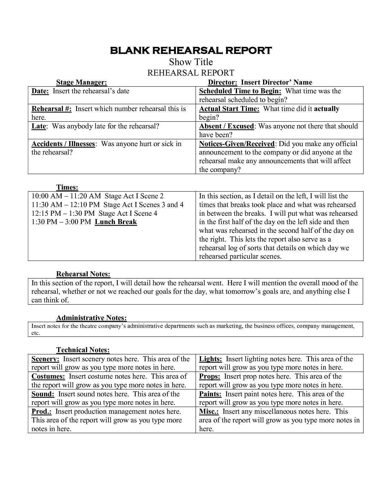 Stage Manager Rehearsal Report – Google Search | Teaching Intended For Rehearsal Report Template