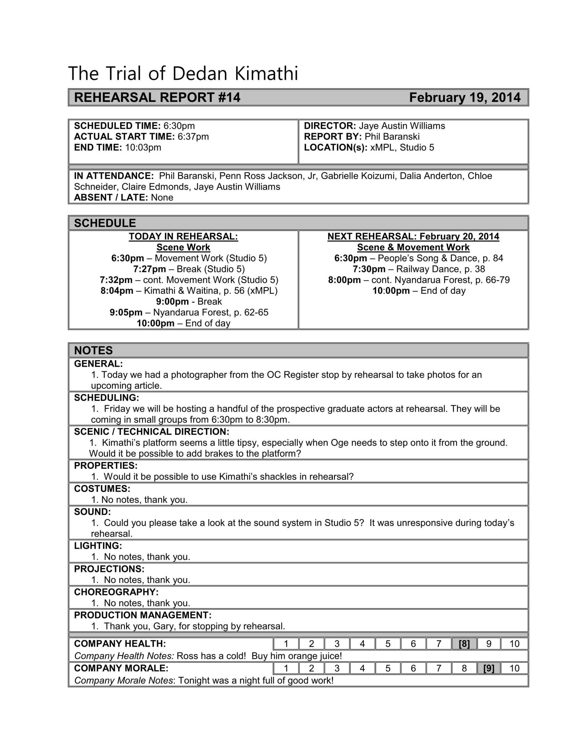 Stage Manager Rehearsal Report – Google Search | Theatre For Rehearsal Report Template