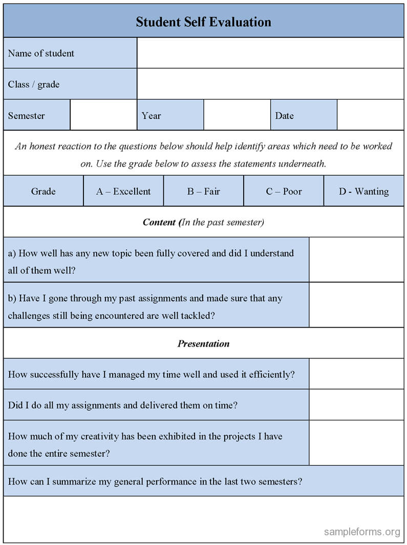 Student Self Evaluation Form : Sample Forms Inside Student Feedback Form Template Word