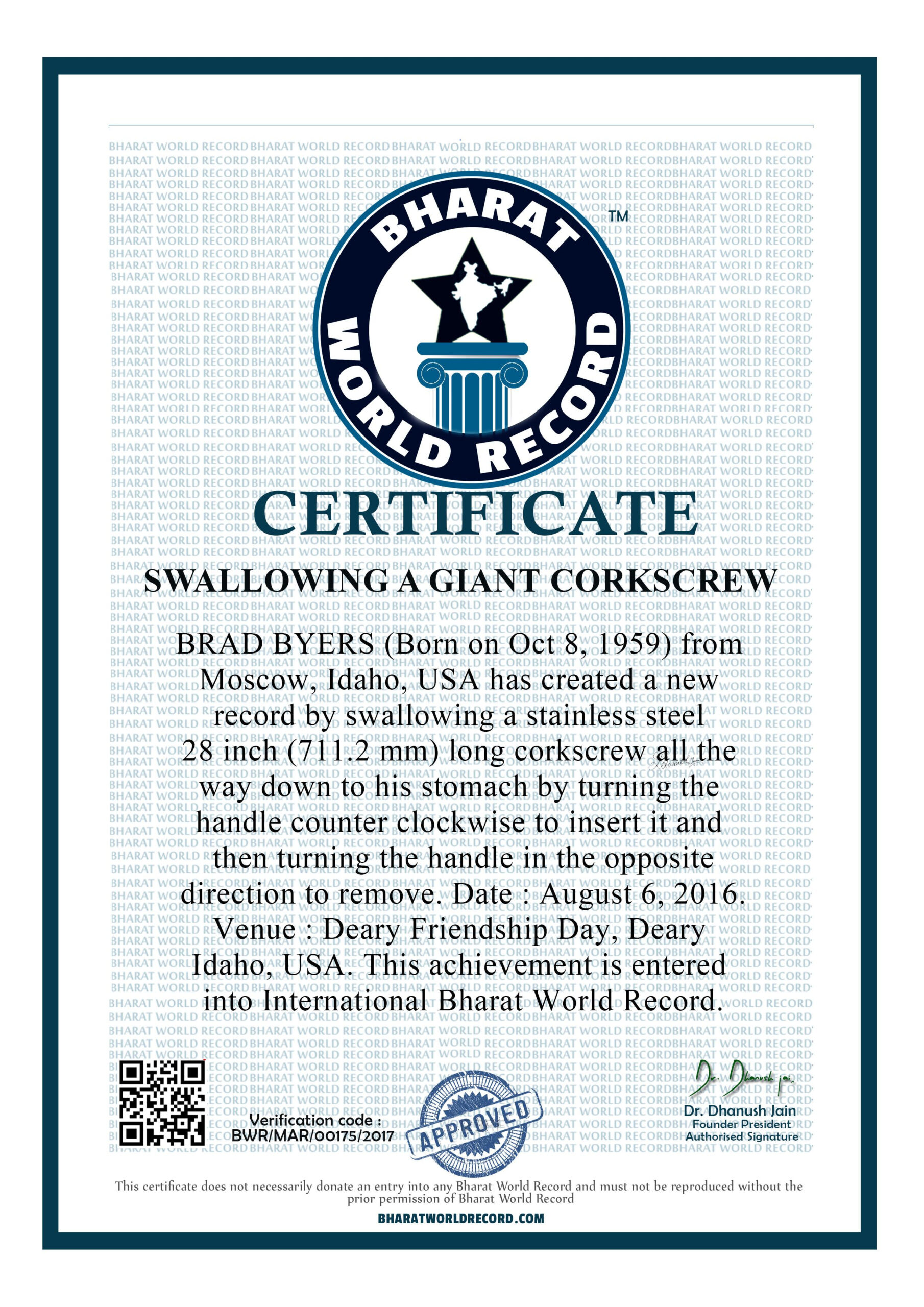 Swallowing A Giant Corkscrew" Bharat World Record Throughout Guinness World Record Certificate Template