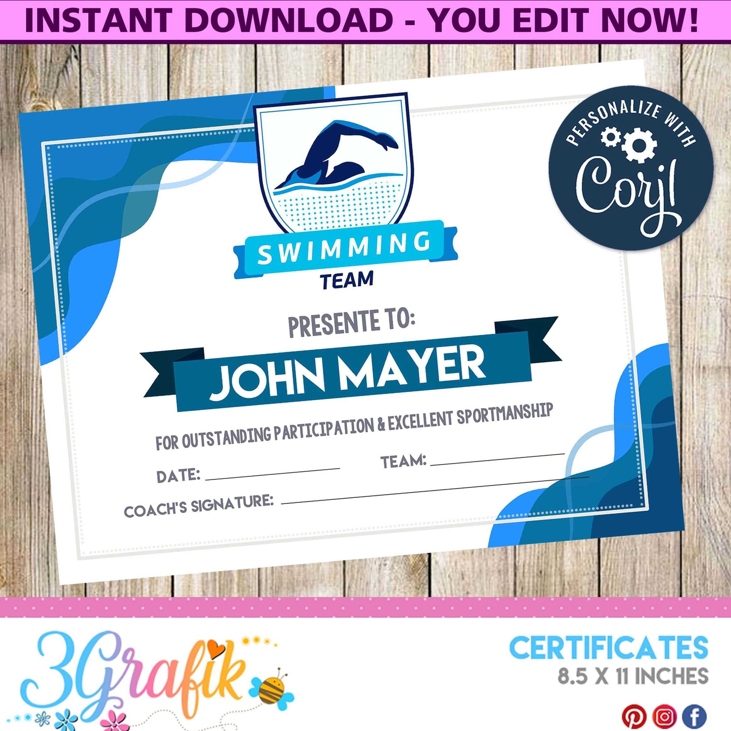 Swimming – Certificate – Printable – 3Grafik | Certificate In Swimming Certificate Templates Free