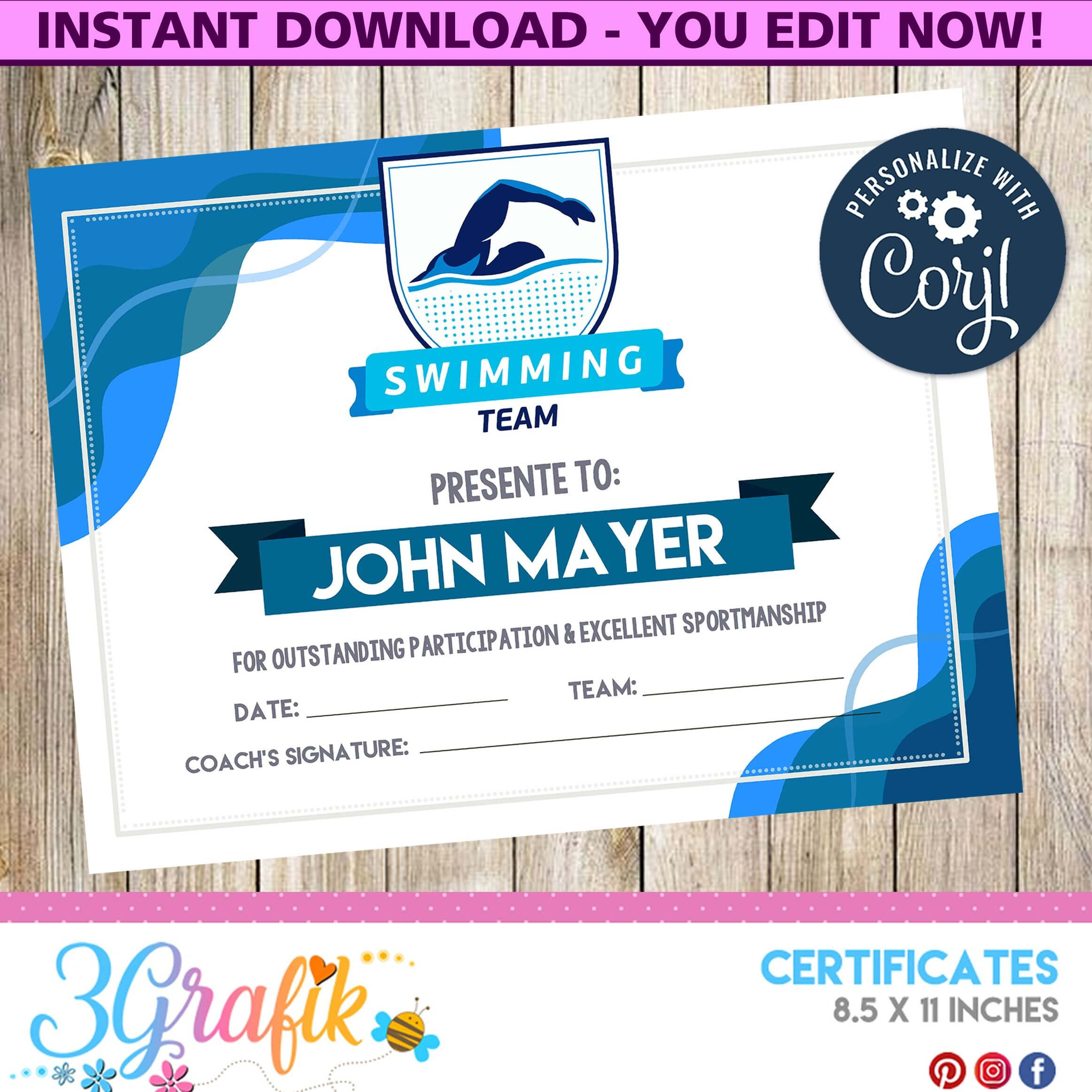 Swimming – Certificate – Printable – 3Grafik | Certificate With Regard To Swimming Award Certificate Template