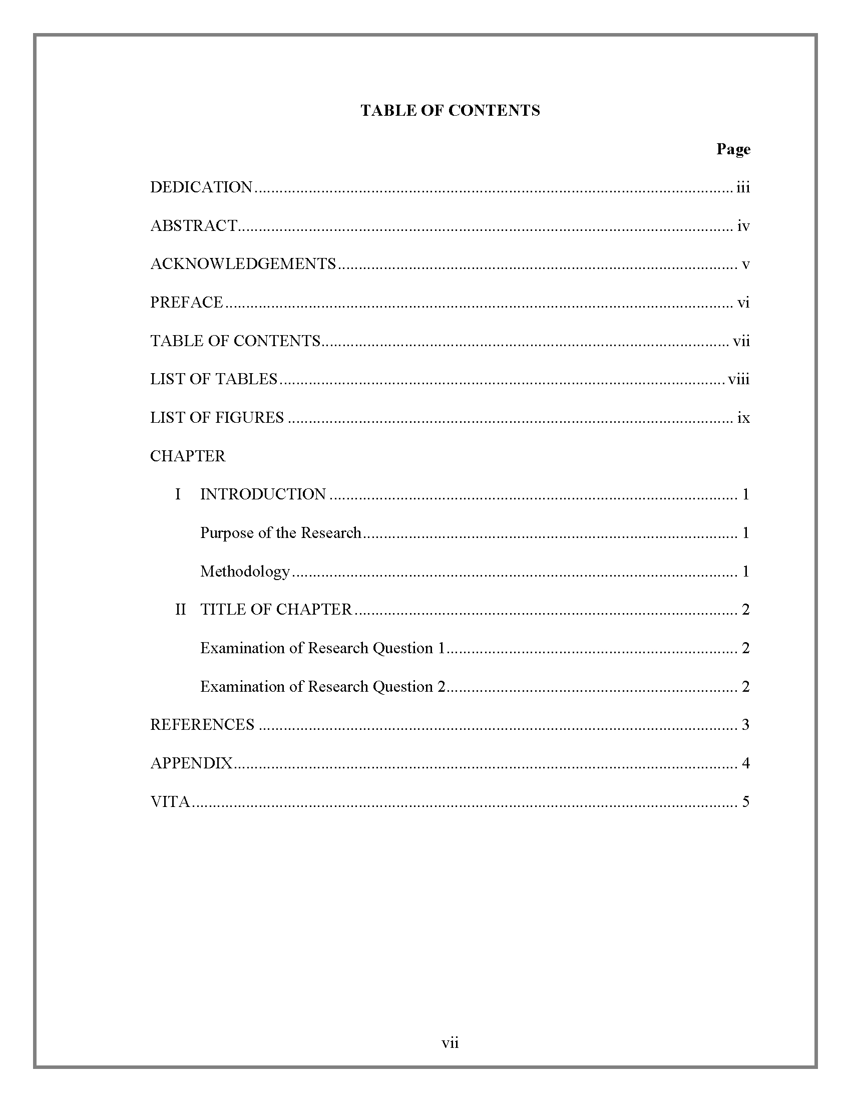 Table Of Contents – Thesis And Dissertation – Research With Regard To Report Content Page Template