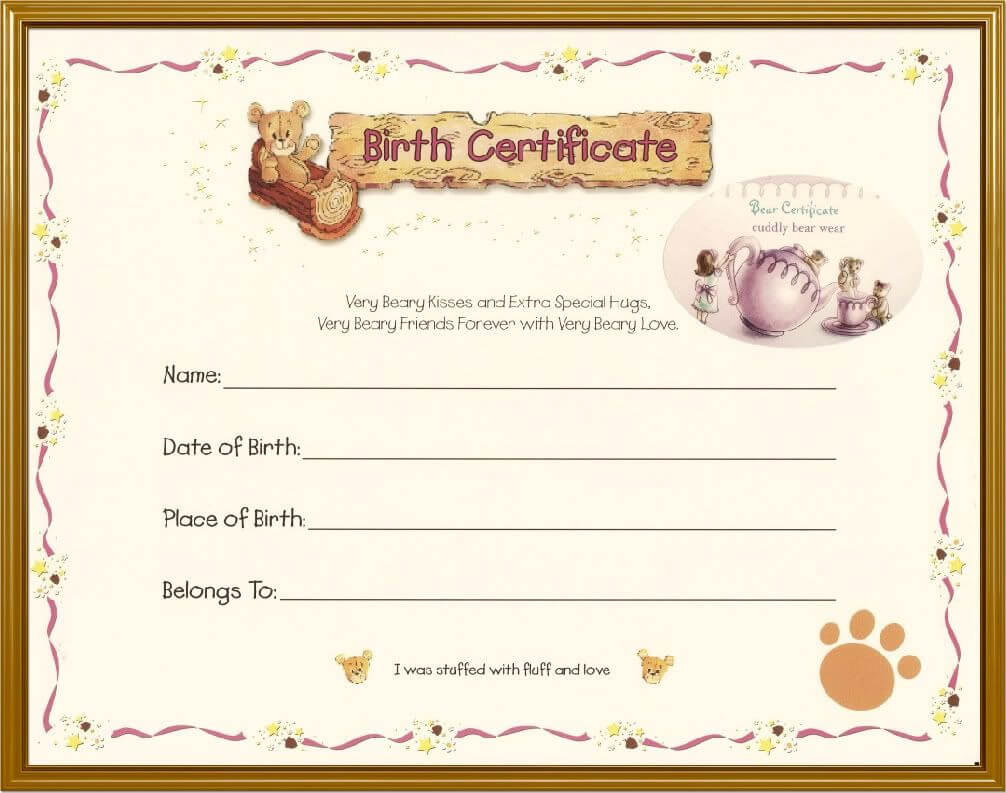 Teddy Bear Birth Certificate | Birth Certificate Template Regarding Toy Adoption Certificate Template