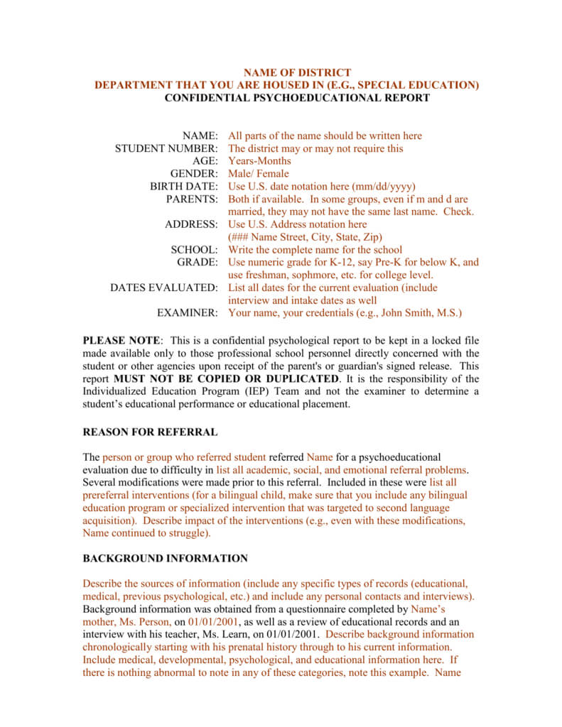 Template For A Bilingual Psychoeducational Report In School Psychologist Report Template
