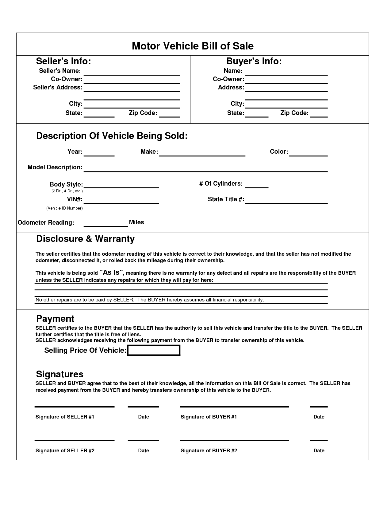 Texas Motor Vehicle Bill Sale Form | Bill Of Sale Template Inside Car Bill Of Sale Word Template