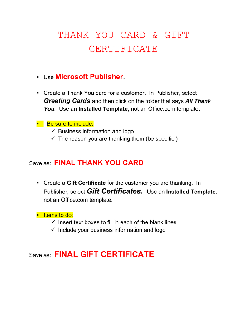 Thank You Card & Gift Certificate Microsoft Publisher . For Publisher Gift Certificate Template