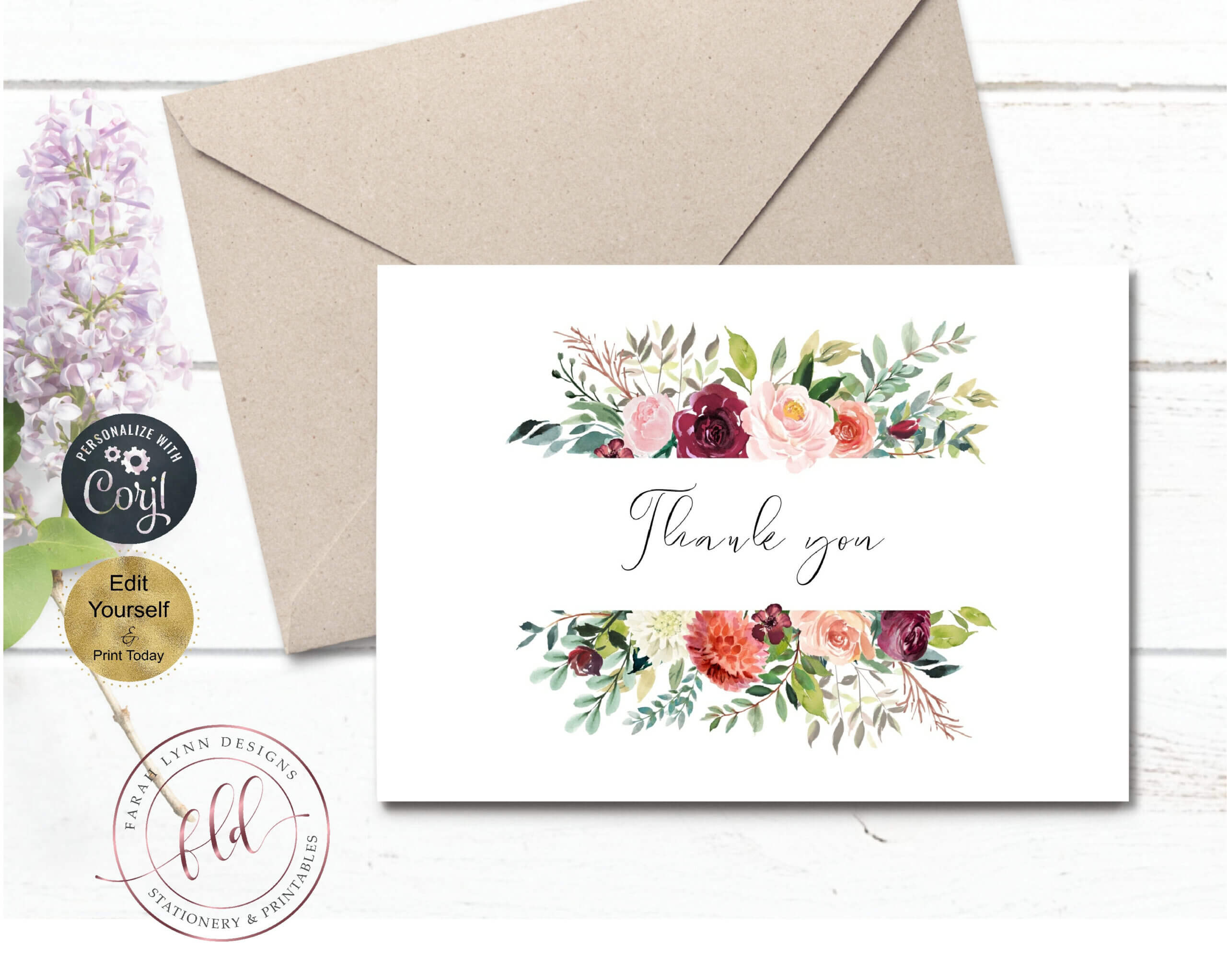 Thank You Note Card Template, Printable Fall Florals Wedding In Thank You Note Card Template