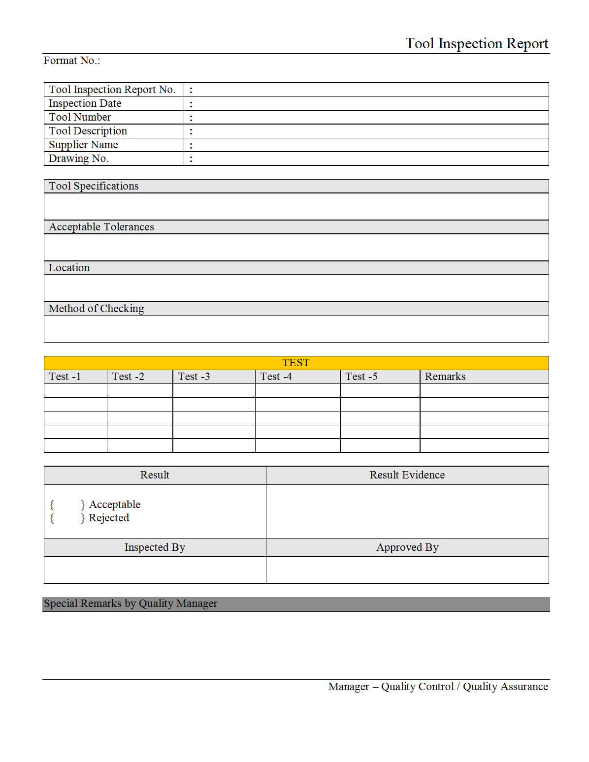 Tool Inspection Report – Inside Part Inspection Report Template