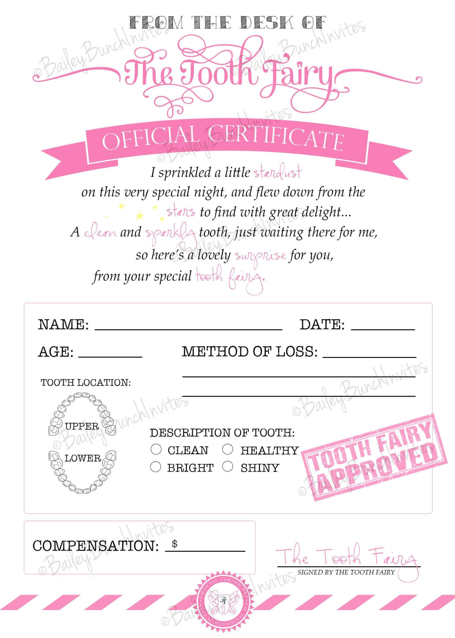 Tooth Fairy Certificate – Pink – Instant Download For Tooth Fairy Certificate Template Free