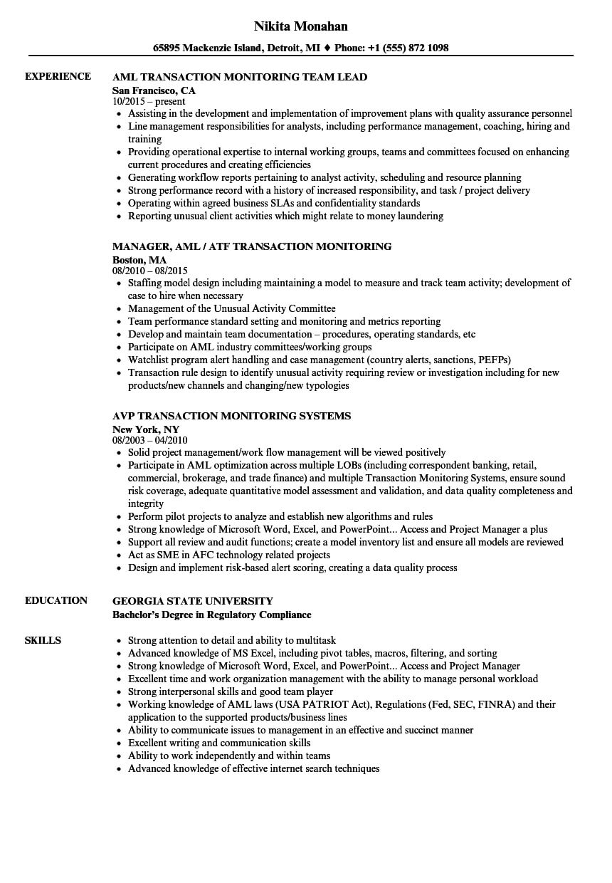 Transaction Monitoring Resume Samples | Velvet Jobs With Regard To Compliance Monitoring Report Template