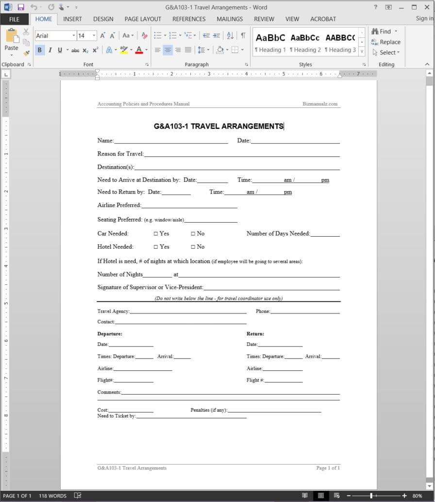 Travel Arrangements Request Template | G&a103 1 Pertaining To Travel Request Form Template Word