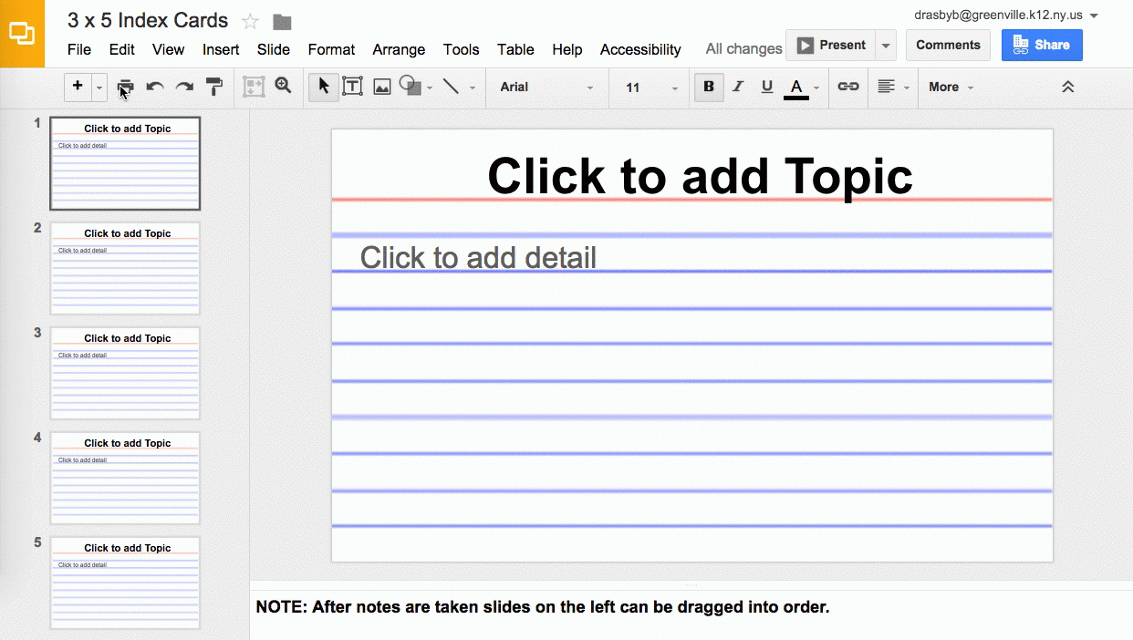 Using Google Slides To View Multiple Slides As One Sheet Within Google Docs Index Card Template