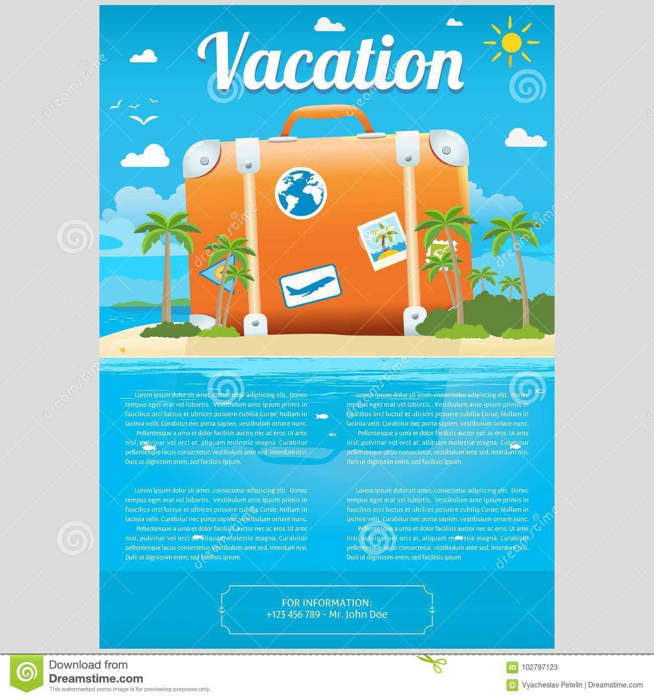 Vector Illustration Of Travel Suitcase On The Sea Island Intended For Island Brochure Template
