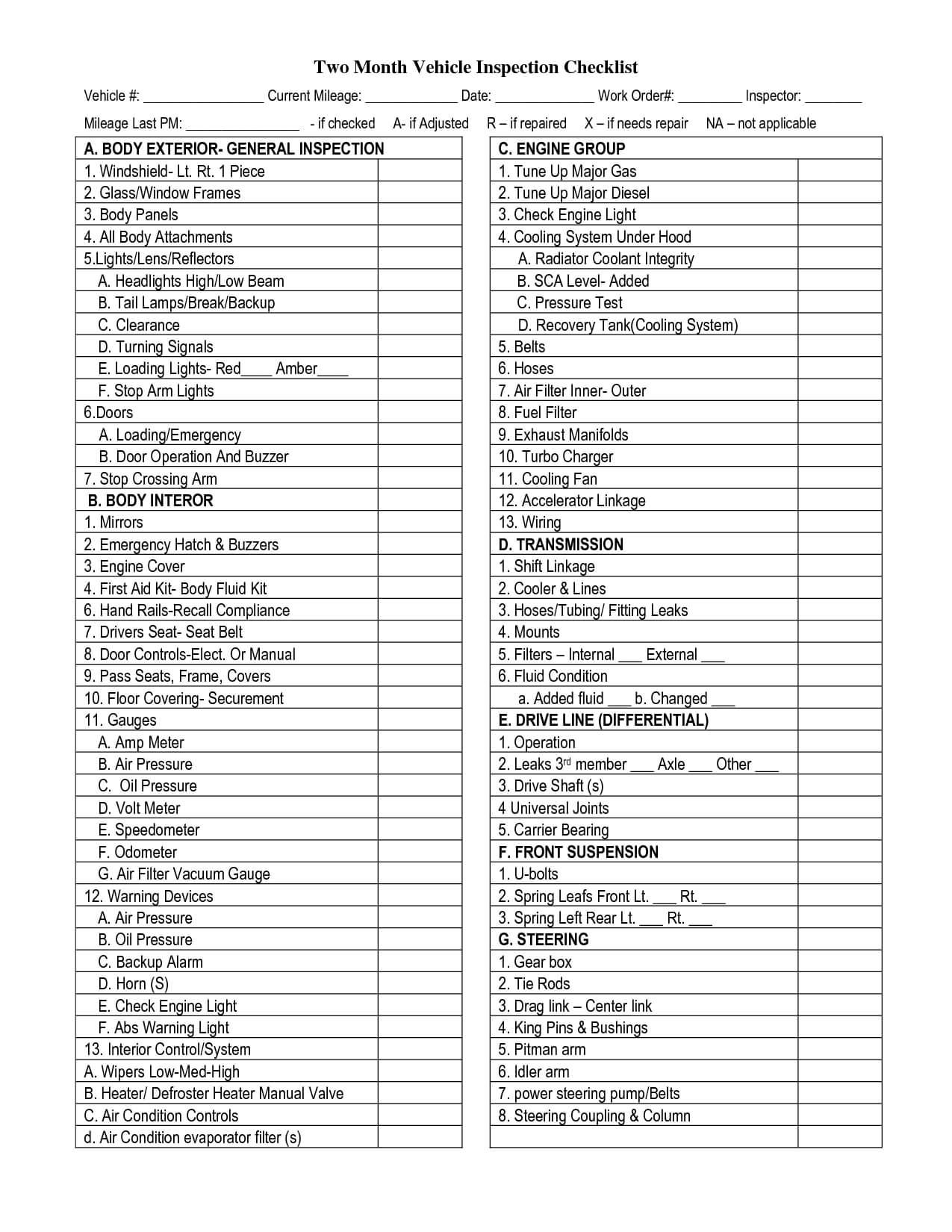 Vehicle Inspection Checklist Template | Vehicle Inspection Regarding Vehicle Checklist Template Word