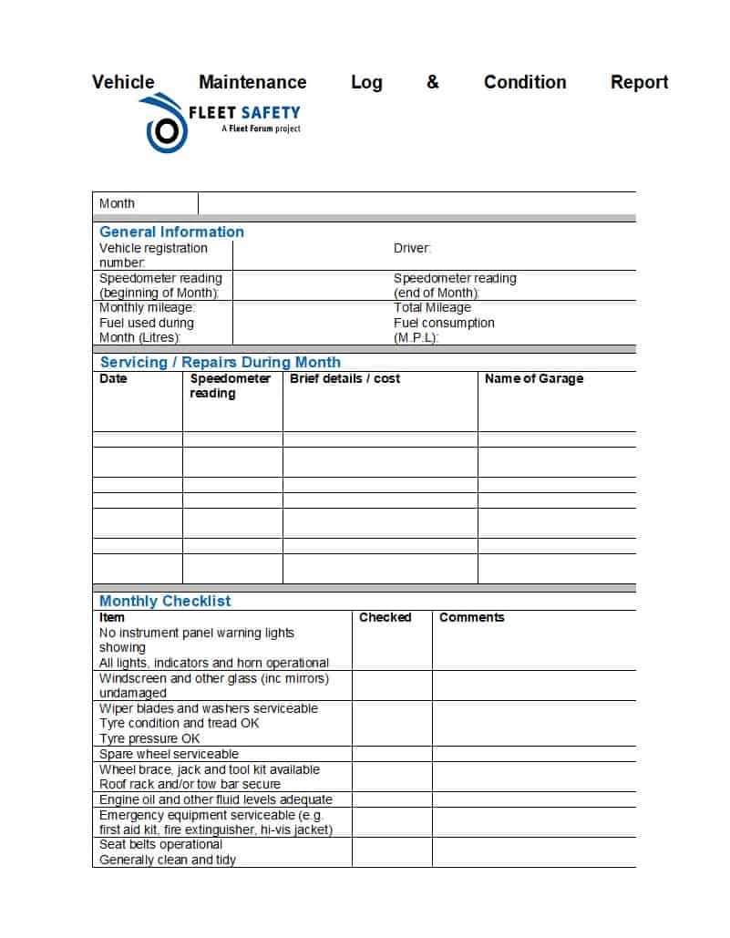Vehicle Maintenance Log Template Spreadsheet Printable In Fleet Management Report Template