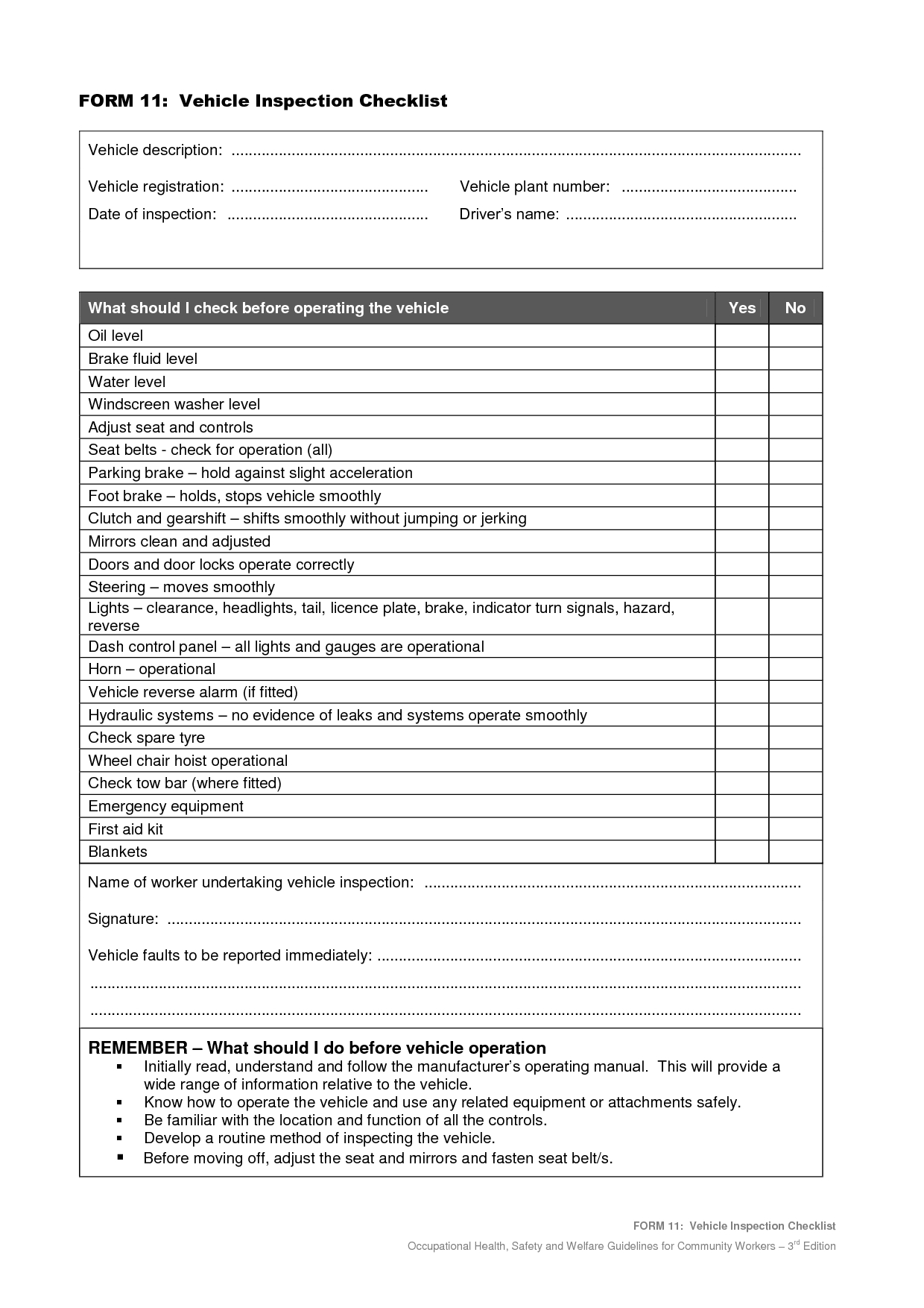 Vehicle+Safety+Inspection+Checklist+Form | Vehicle For Equipment Fault Report Template
