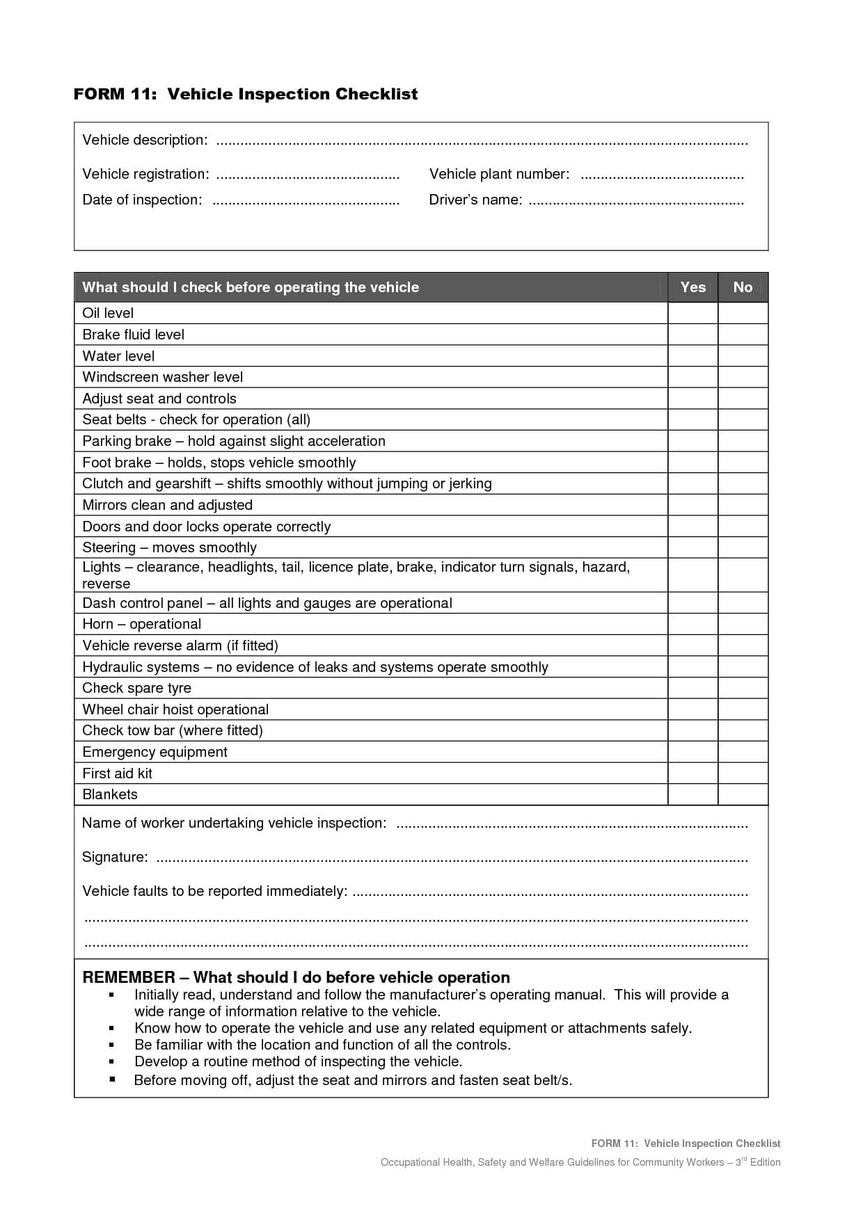 Vehicle+Safety+Inspection+Checklist+Form | Vehicle In Fault Report Template Word