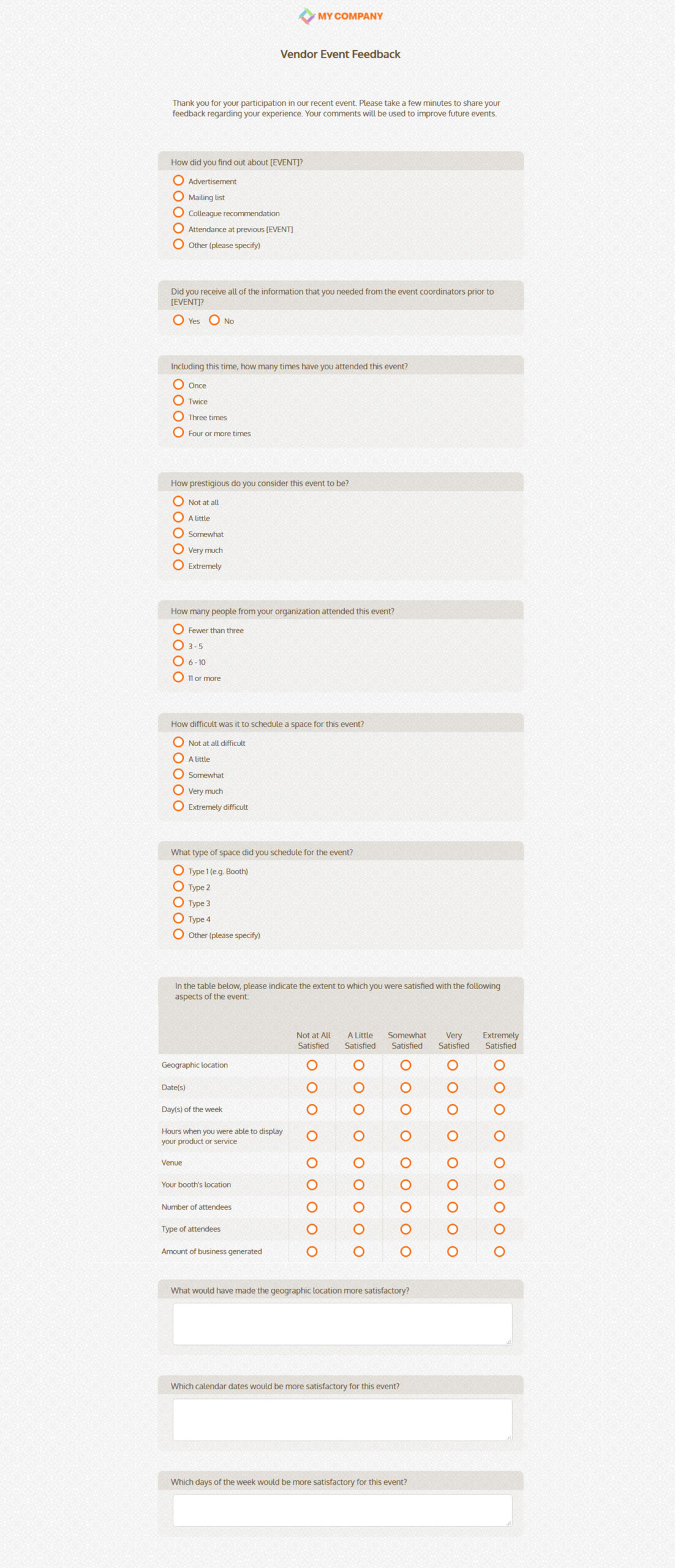 Vendor Event Feedback Survey Template [32 Questions Throughout Event Survey Template Word