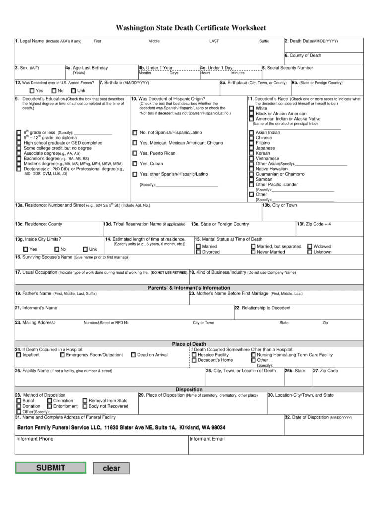 Washington State Death Certificate Worksheet – Fill Online Regarding Baby Death Certificate Template