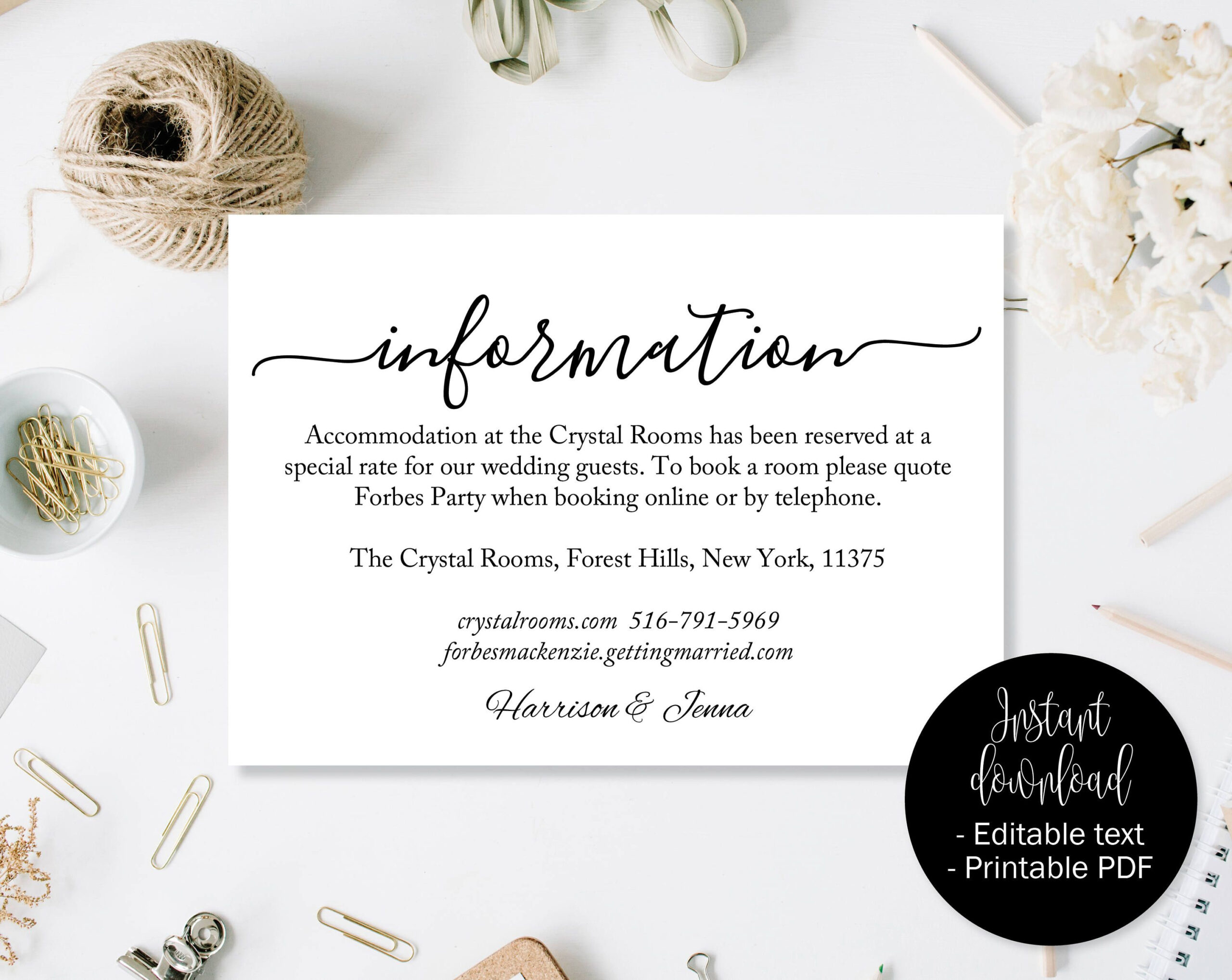 Wedding Guest Details Template, Wedding Guest Accommodation With Wedding Hotel Information Card Template