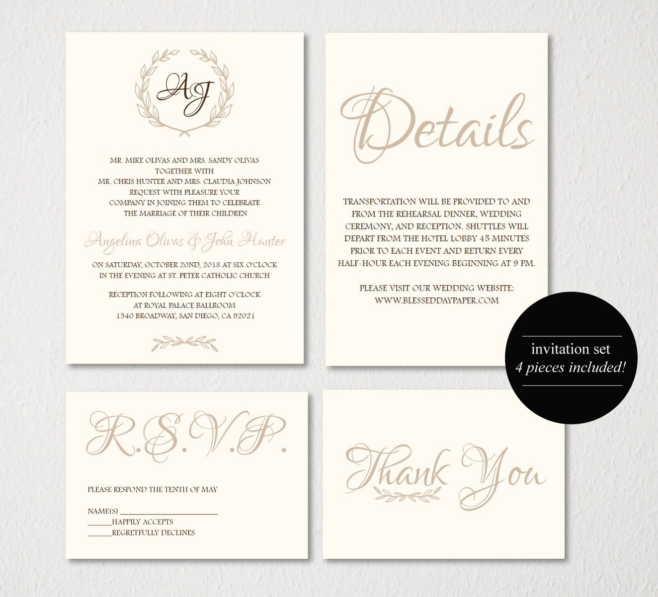 Wedding Invitation Printable/wedding Invitation Template For Wedding Card Size Template