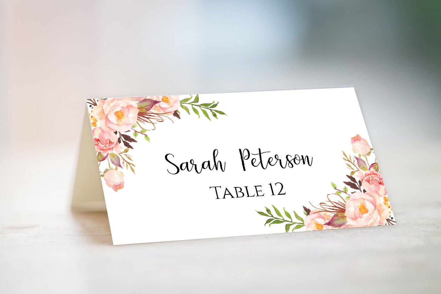 Wedding Place Card Template Fully Editable Diy Peony Flowers In Table Name Card Template