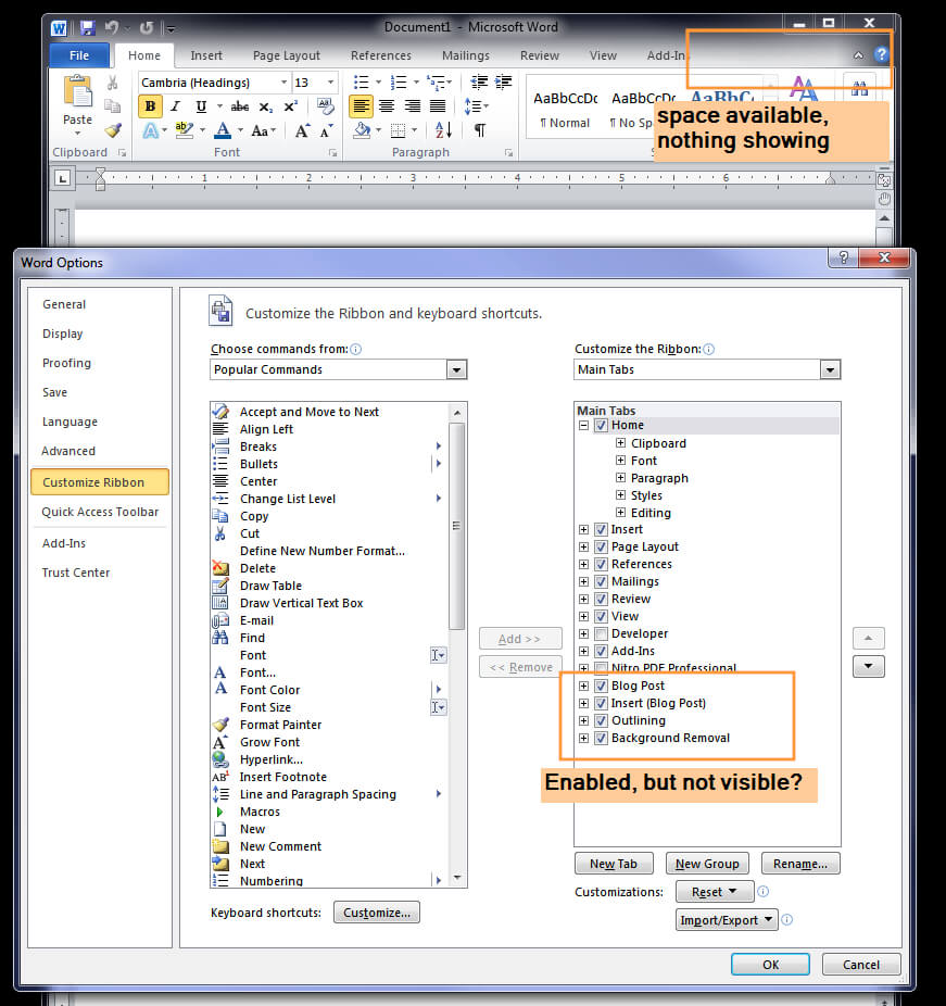 Word: How To Show Hidden Ribbon Tabs? - Super User Regarding Word 2010 Templates And Add Ins