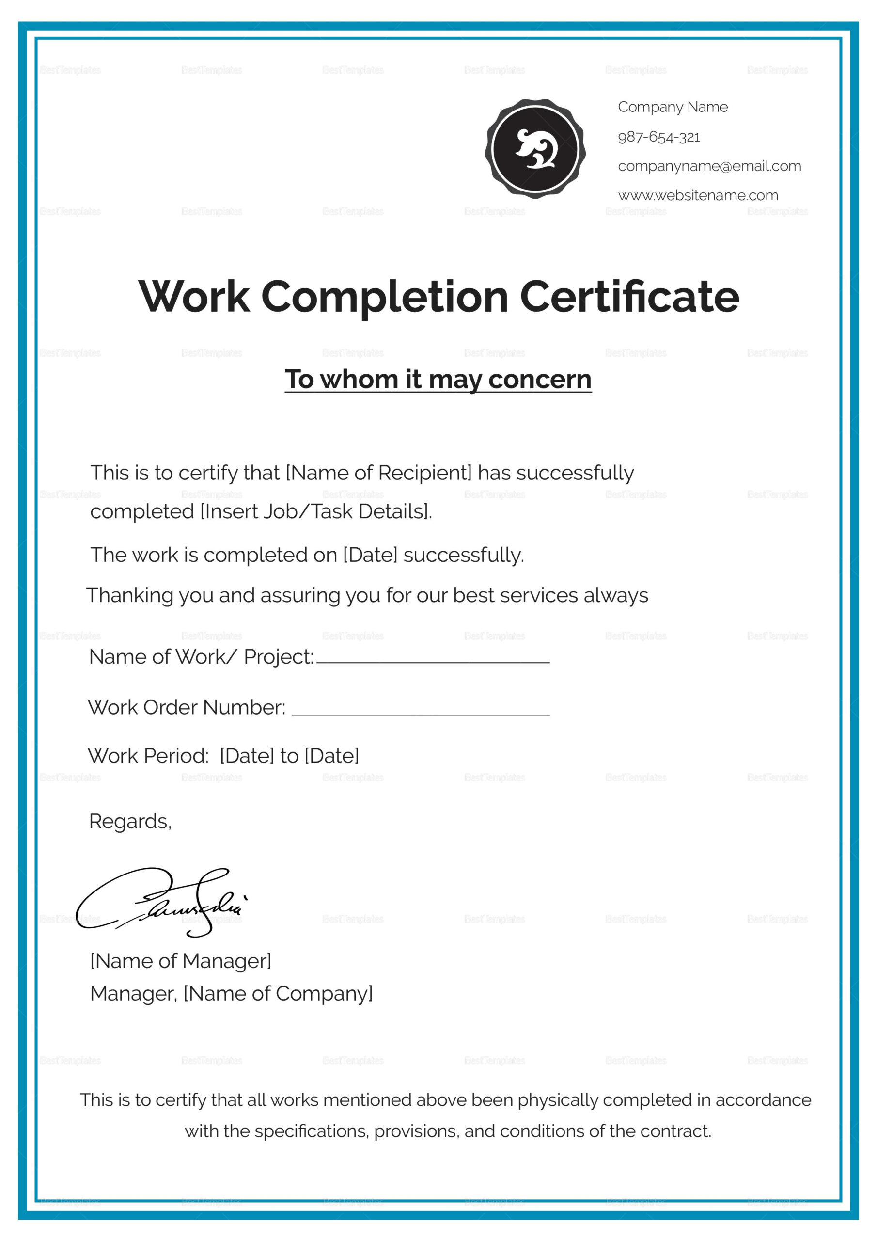 Work Completion Certificate Template In 2020 | Business For Certificate Template For Project Completion