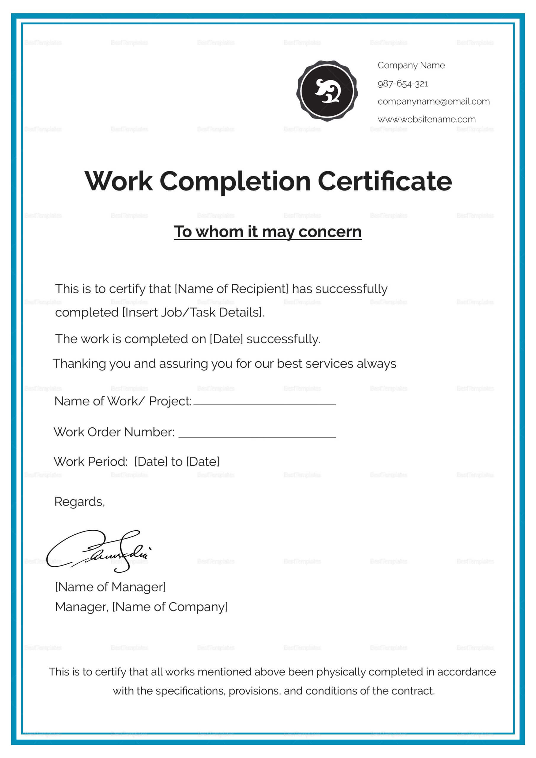 Work Completion Certificate Template In 2020 | Certificate Pertaining To Construction Certificate Of Completion Template