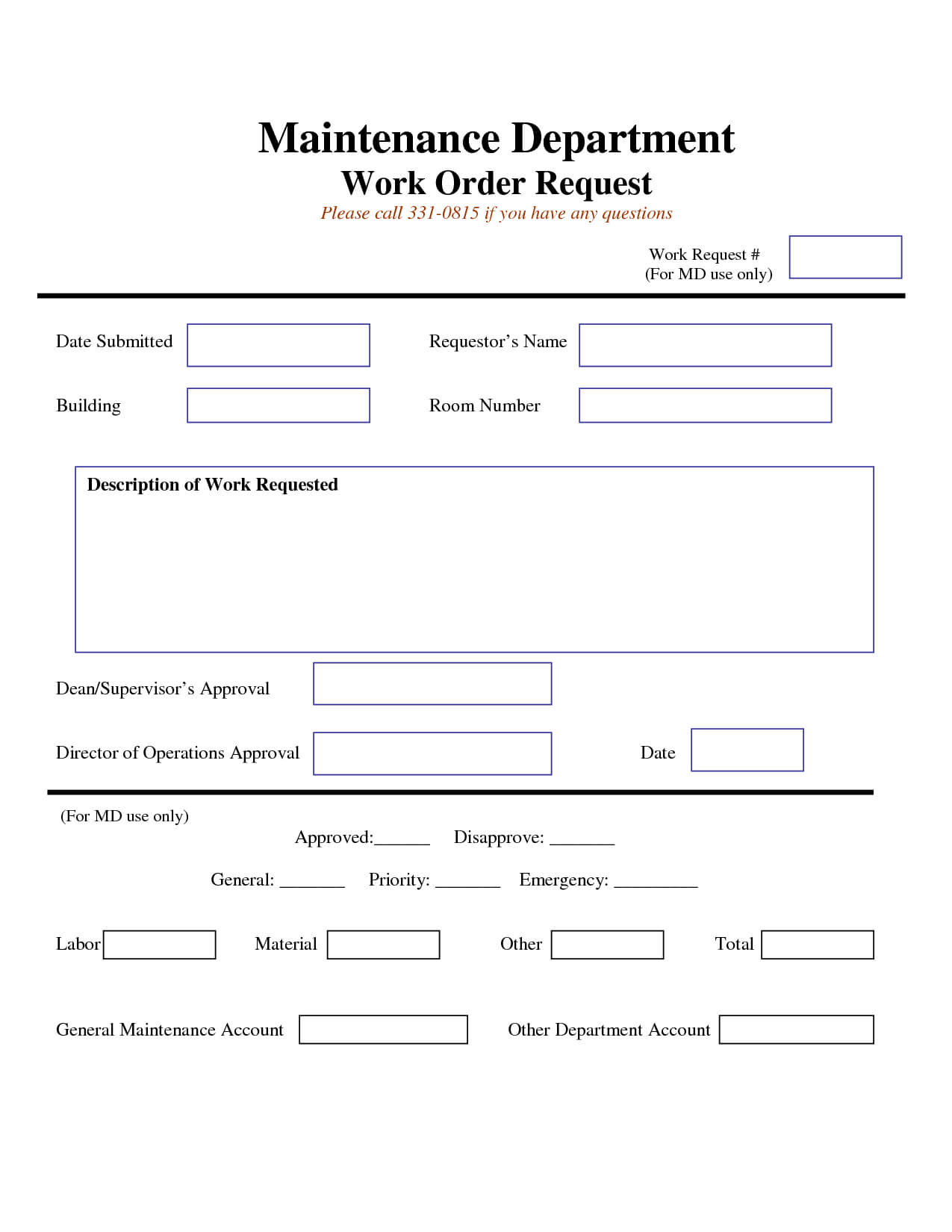 Work Request Form | Maintenance Work Order Request Form Inside Maintenance Job Card Template