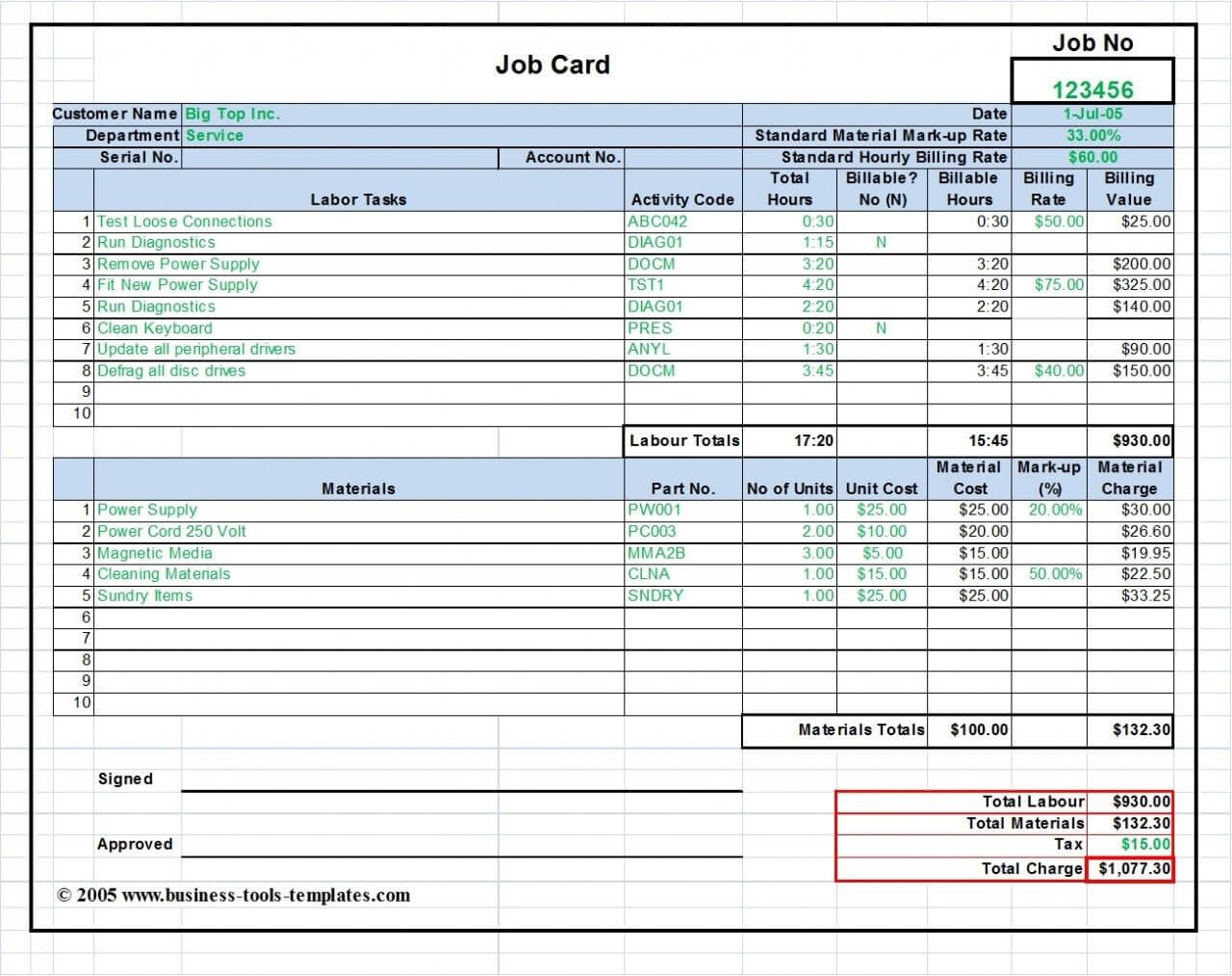 Workshop Job Card, Labor & Material Cost Estimator Throughout Job Card Template Mechanic